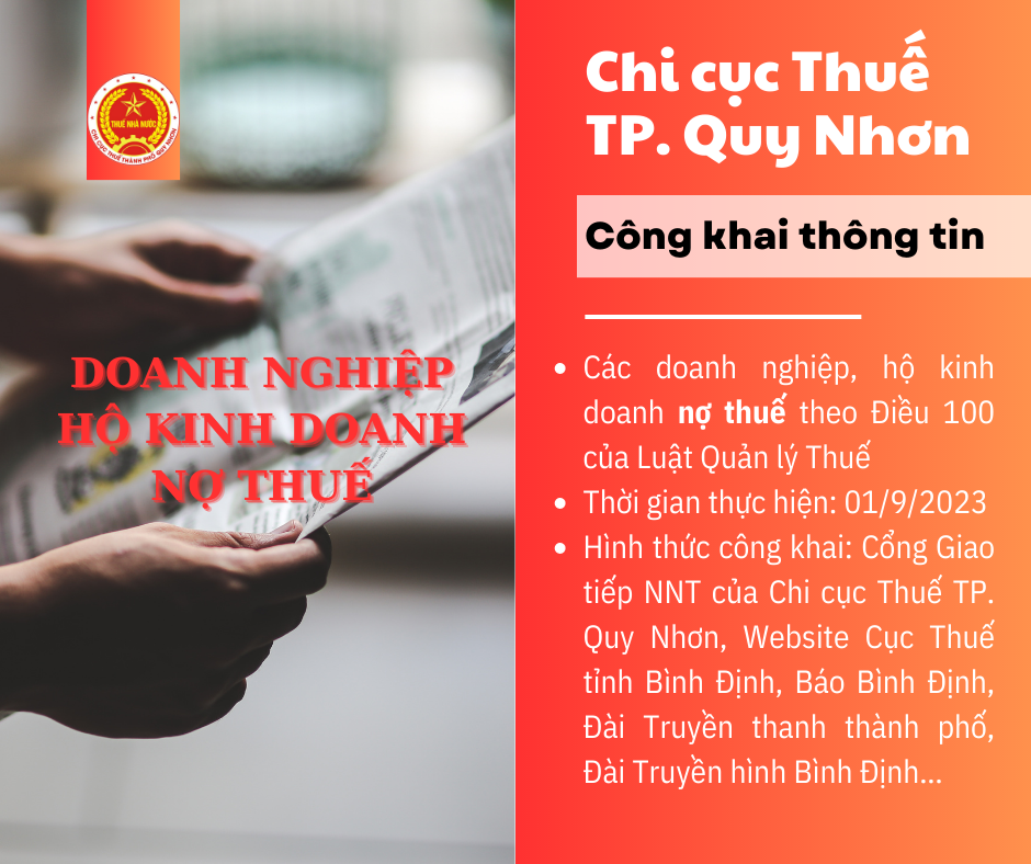 Từ ngày 01/9/2023, Chi cục Thuế TP. Quy Nhơn sẽ công khai rộng rãi thông tin các doanh nghiệp, hộ kinh doanh nợ thuế