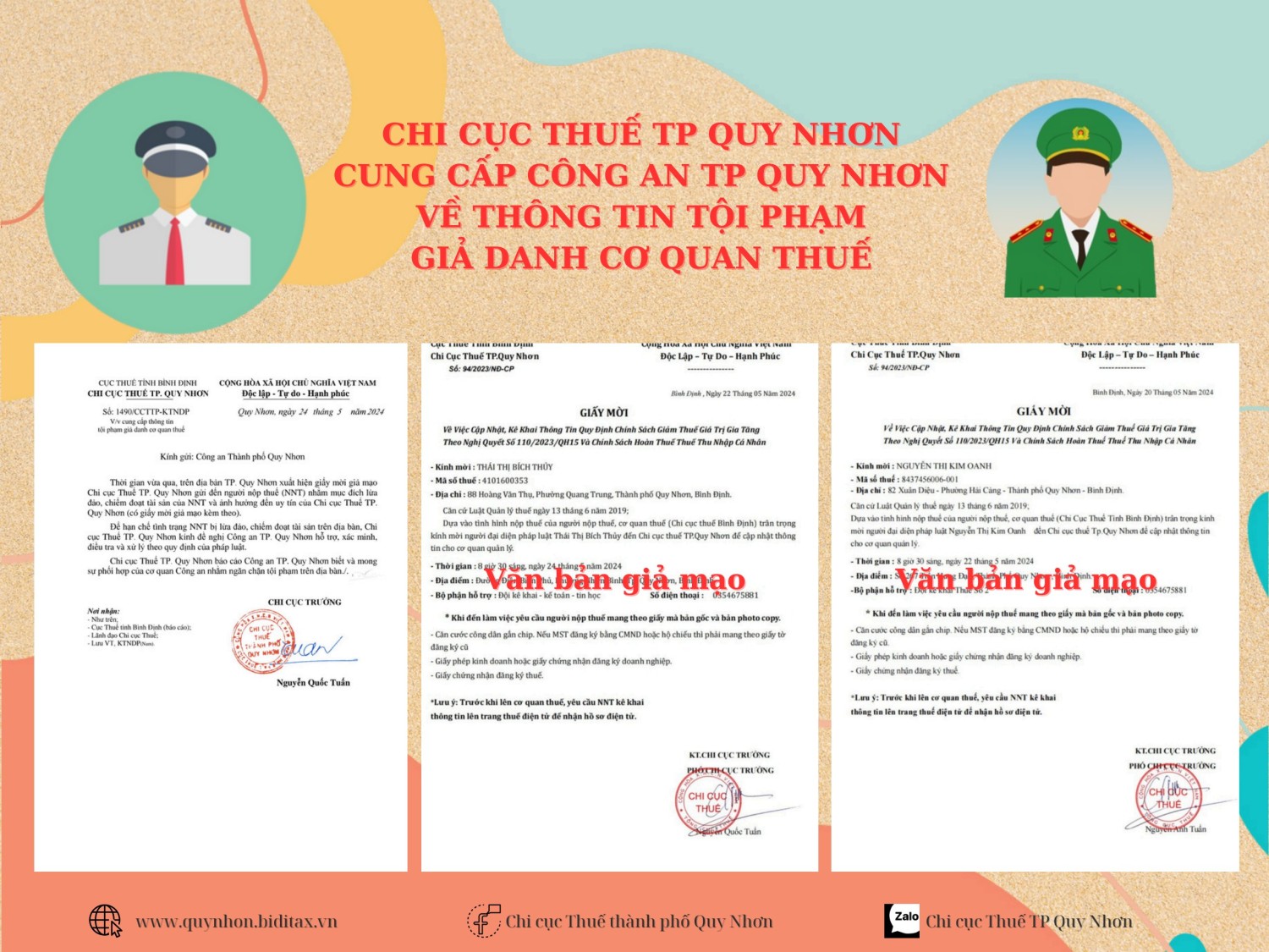 CHI CỤC THUẾ TP QUY NHƠN CUNG CẤP CÔNG AN TP QUY NHƠN VỀ THÔNG TIN TỘI PHẠM GIẢ DANH CƠ QUAN THUẾ